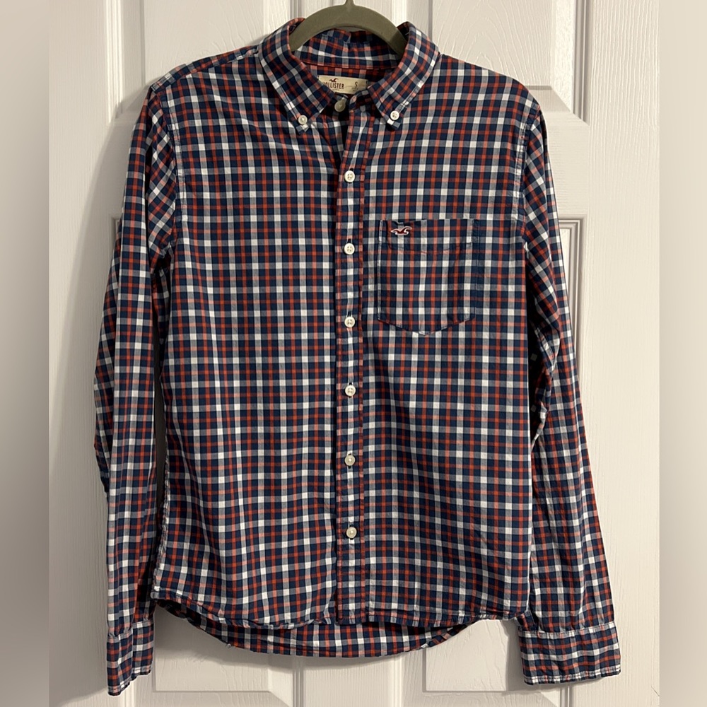 Hollister Navy, Orange, and White Plaid Men’s Button Down Shirt Size Small